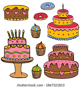 Doodle image of cake, pochik, cupcakes. Vector image of sweets. Element for print, web, decoration.