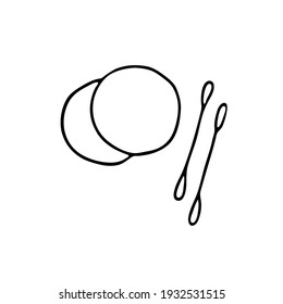 Doodle image of cotton pads and ear sticks. Hand-drawn illustration. Vector image for various designs.