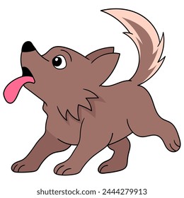 doodle image of a cute cartoon animal, a brown dog sticking out its tongue invitingly to play