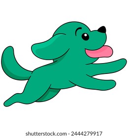 doodle image of a cute cartoon animal, a green puppy running around happily while playing