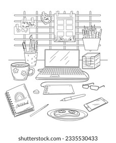 Doodle image of digital artist workplace.Table and wall organizer with computer, tablet, pencils.Vector black and white illustration in linear style