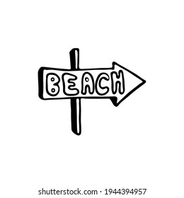 Imagen del garabato de la señal de dirección - playa. Imagen hecha a mano para imprimir, pegar, web, varios diseños. Elemento vector para los temas de viajes, vacaciones, turismo.
