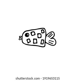 Doodle image of a fish in a decorative style. Image for labels, web, icons, postcards, decoration. Cheerful, childish, cute vector marine theme.