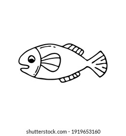 Doodle image of a fish in a decorative style. Image for labels, web, icons, postcards, decoration. Cheerful, childish, cute vector marine theme.