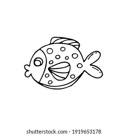 Doodle image of a fish in a decorative style. Image for labels, web, icons, postcards, decoration. Cheerful, childish, cute vector marine theme.