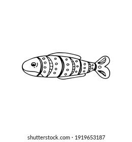 Doodle image of a fish in a decorative style. Image for labels, web, icons, postcards, decoration. Cheerful, childish, cute vector marine theme.