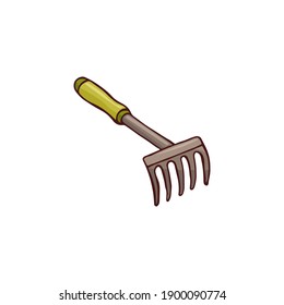 Imagen de garabato de un rastrillo de jardín. Elemento de jardín. Imagen vectorial hecha a mano para pegatinas, postales, iconos, web.