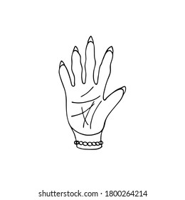 Doodle image of a hand, palmistry. Vector for web, textile, decoration, stickers. Simple black and white picture. Halloween.