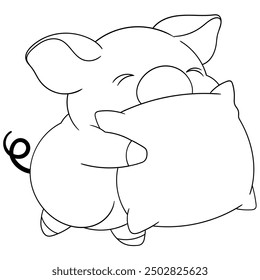 doodle image illustration, night time to sleep, fat pig walking carrying pillow towards sweet dream