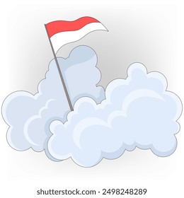 doodle image illustration, the red and white Indonesian national flag fluttering among the clouds