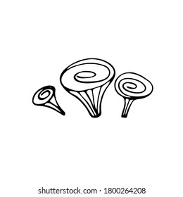 Doodle image of mushrooms. Vector for web, textile, decoration, stickers, halloween holiday. Simple black and white picture.