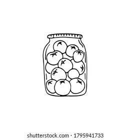 Doodle image of a pickling tomato in a jar. Vector for textile, web, print, gift wrapping. Autumn preparation of products for the winter.