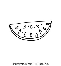 Doodle image of a piece of watermelon. Vector image of a fruit. Hand-drawn image for print, web, textile.