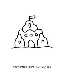 Doodle image of a sand castle. Hand-drawn image for print, sticker, web, various designs. Vector element for the themes of travel, vacation, tourism.