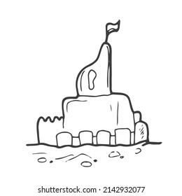 Imagen de un castillo de arena. Imagen hecha a mano para imprimir, pegar, web, varios diseños. Elemento vector para los temas de viajes, vacaciones, turismo.