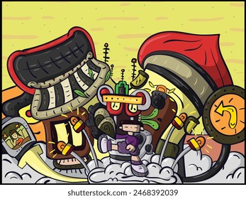 doodle image of a small child in a robot playground