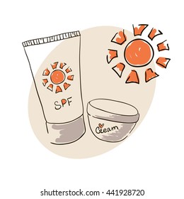 Doodle image sunblock cream for body skin care. Doodle drawing. Hand drawing. Doodle sun