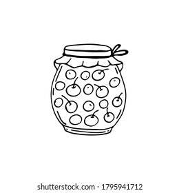 Imágenes de caramelos con cerezas en un frasco. Vector para textil, web, impresión, envoltura de regalo. Preparación otoñal de productos para el invierno.
