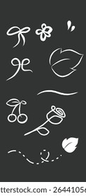 doodle images and illustrations of ivy leaves, ribbons, roses, cherries and other abstract lines in white on a dark background