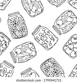 Doodle images of pickling vegetables, fruits and berries in jars. Vector for textile, web, print, gift wrapping. Jars with marinade seamless pattern. Autumn preparation of products for the winter.