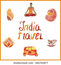 Doodle India elements -  cup of tea, lettering, taxi, lotus, indian girl, henna hands and other