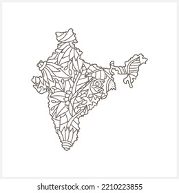 Mapa de Doodle India aislado. Diseño ecológico. Colorando el libro de la página. Arte de línea dibujada a mano. Esbozar ilustración de material vectorial. EPS 10
