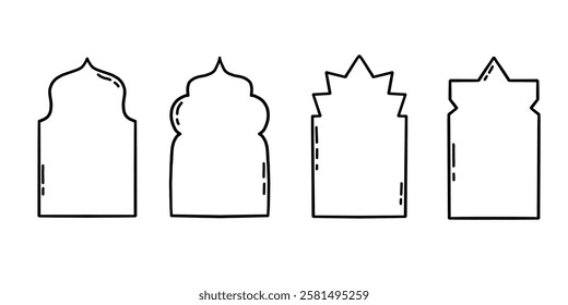 Doodle Indian Frame Arch Line Set. Islam Ornament Window Outline Shape Collection. Hand Drawn Vector Illustration