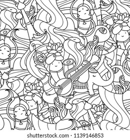 Doodle Indian objects. Festive seamless pattern for coloring book or design about Indian dance Dandiya. Easy to change colors. Vector illustration.