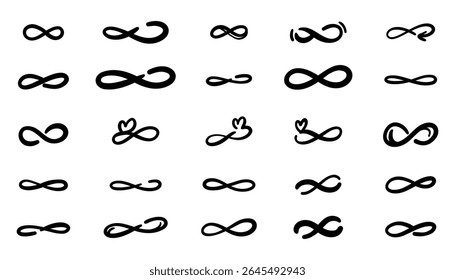 Doodle infinity icon set. Hand drawn endless loop symbols. Vector collection of infinite signs in sketch style. Minimal black outline elements. Isolated illustration.