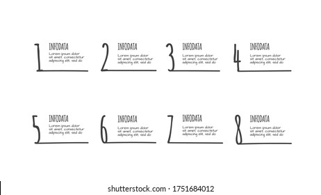 Doodle infographic with 8 options. Hand drawn icons. Thin line illustration.