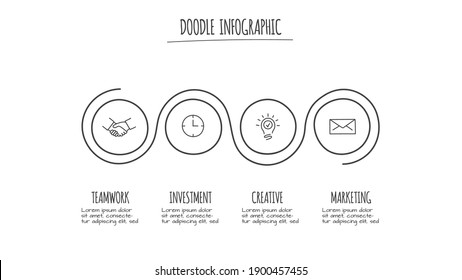 Doodle infographic circles with 4 options. Hand drawn icons. Thin line illustration.