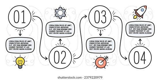 Círculos infográficos Doodle con 4 opciones. Iconos dibujados a mano. Ilustración vectorial.