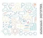 Doodle Infographic Colorful Pencil Set. Borders, Frames, Underlines, Arrows Hand Drawn Collection. Crayon Design Elements.
