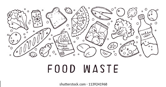 Doodle Infographic Concept Of Food Waste Problem. Vector Illustration. Outline Drawing. Rotten, Spoiled And Expired Food.