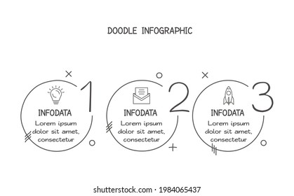Doodle-Infografiken mit 3 Optionen. Vektorgeschäftsvorlage für die Präsentation