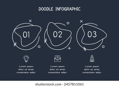 Doodle elementos infográficos con 3 opciones. Plantilla para el Web sobre un fondo oscuro.