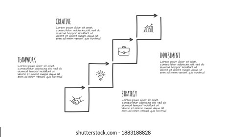 Elementos infográficos Doodle con 4 opciones. Iconos dibujados a mano. Ilustración de línea delgada.