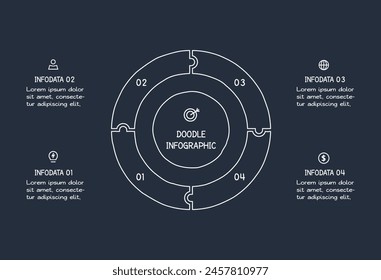 Doodle elementos infográficos con 4 opciones. Plantilla para el Web sobre un fondo oscuro.