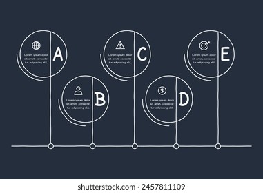 Doodle elementos infográficos con 5 opciones. Plantilla para el Web sobre un fondo oscuro.