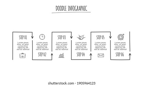 Doodle infographic elements with 6 options. Hand drawn icons. Thin line illustration.