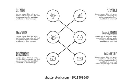 Elementos infográficos Doodle con 6 opciones. Iconos dibujados a mano. Ilustración de línea delgada.