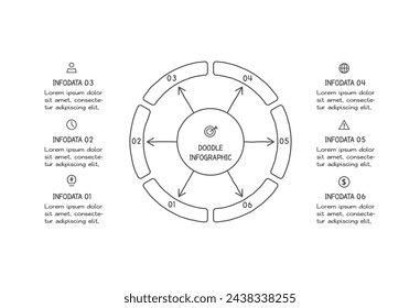 Doodle infographic elements with 6 options. Vector business template for presentation