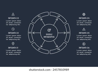 Doodle infographic elements with 6 options. Template for web on a dark background.