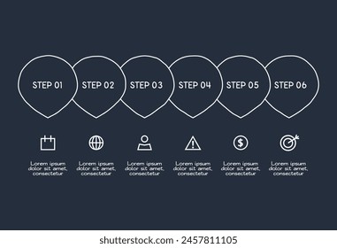Doodle infographic elements with 6 options. Template for web on a dark background.