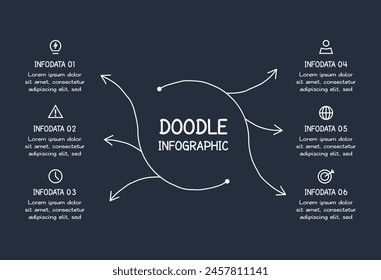 Doodle infographic elements with 6 options. Template for web on a dark background.