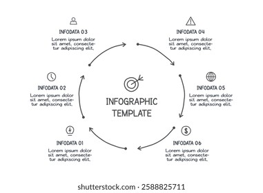 Doodle infographic elements with 6 options. Vector business template for presentation
