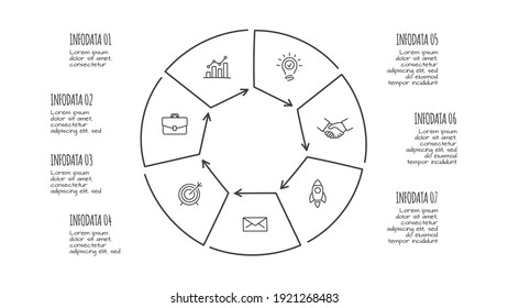 Doodle infographic elements with 7 options. Hand drawn icons. Thin line illustration.
