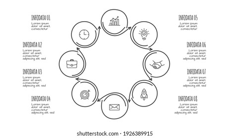 Doodle infographic elements with 8 options. Hand drawn icons. Thin line illustration.