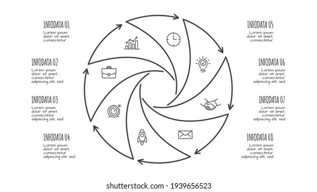 Doodle infographic elements with 8 options. Hand drawn icons. Thin line illustration.