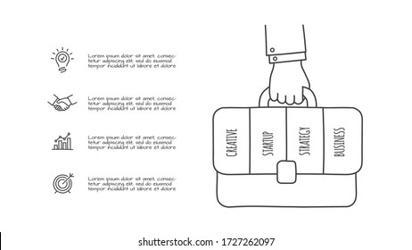 Doodle infographic hand with briefcase and 4 options. Hand drawn icons. Thin line business illustration.